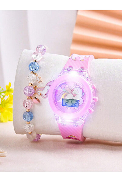 Choice Pink 2PCS pink Unicorn silicone children's electronic watch and acryli...