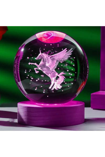 Choice Unicorn 1 Unicorn 3D laser carved crystal ball with wooden colored LED...