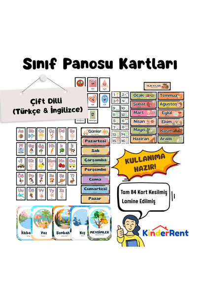 Bohem Gökkuşağı Çift Dilli Eğitici Sınıf Panosu Kartları (Lamine Edilmiş, 84 Parça)