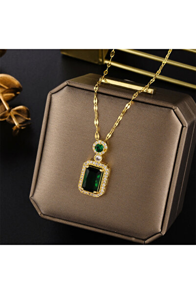 Choice N1895 DIEYURO 316L Stainless Steel Square Green Red Zircon Pendant Nec...