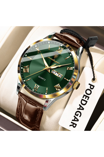 Choice4 978 Gold Green Luxury Business Wristwatch For Men Date Week Leather Q...