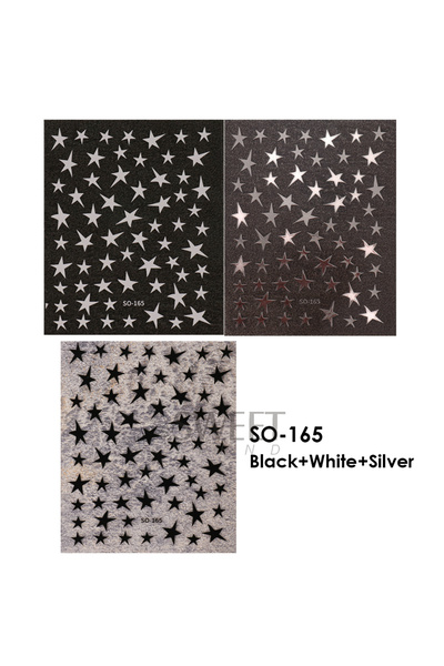 Choice SO-165 BW Silver 3pcs White Black Stars Nails Stickers Irregular Penta...