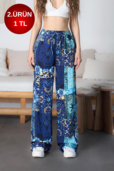 BİKELİFE Women's Ethnic Patterned High Waist Viscose Fabric Elastic Waist Tro...