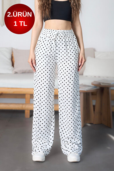 BİKELİFE Women's High Waist Polka Dot Patterned Viscose Fabric Loose Cut Trou...
