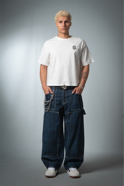 GRJ denim Indigo Plaid Denim Wide Leg Super Baggy Erkek Jean Pantolon