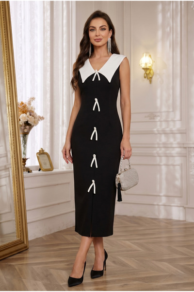 ALFUDO Moda Collection Midi black and white sleeveless Double-Breasted neckli...