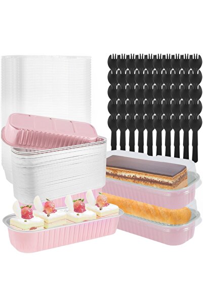 Choice Light Pink Mini Cake Pans with Lids and Spoons 200ml Non-Stick Foil Ba...