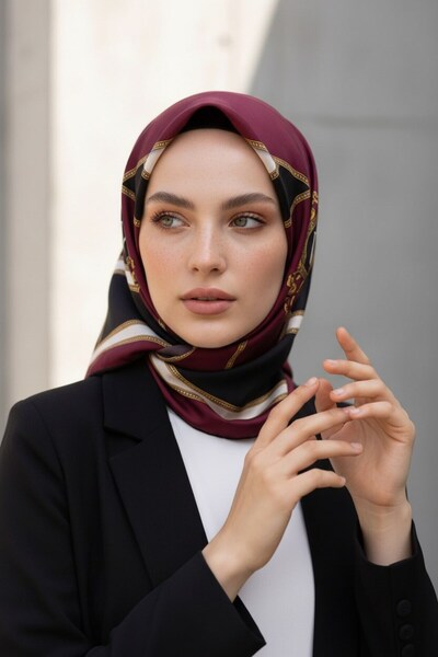 Vissona %100 Twill İpek Baroklu Ve Geometrik Desenli Bordo - Siyah Renkli 90x...