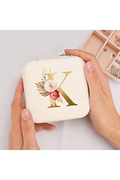 Choice4 K A-Z Alphabet Print Beige Jewelry Box, Elegant Travel Jewelry Case w...