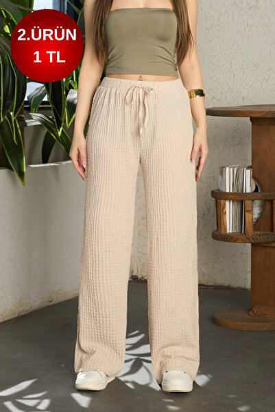 BİKELİFE Women's High Waist Seersucker Textured Wrinkled Pants