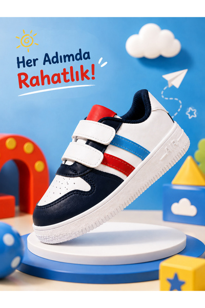 Allyup Unisex Children's Red Blue White Sneaker with Velcro Double Stripes Li...