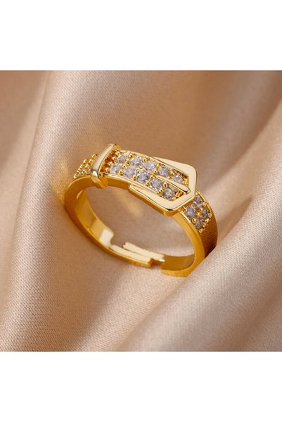 Choice resizable AJZ10059 Chic Gold Color Buckle Shaped Ring With Sparkling Z...
