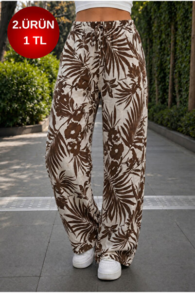 BİKELİFE Women's Floral Patterned High Waist Summer Fabric Elastic Waist Trou...