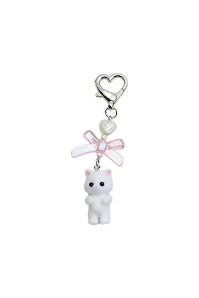 Choice white Cute Cartoon Flocking Cat Keychain Y2K Heart Bow Shaped Key Ring...