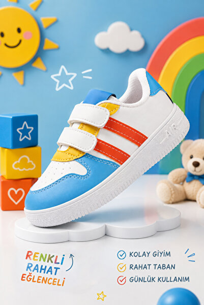 İmerShoes Unisex Kids Orange Blue White Sneaker with Velcro Double Stripes Li...