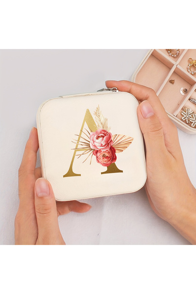choice2 A A-Z Alphabet Print Beige Jewelry Box, Elegant Travel Jewelry Case w...