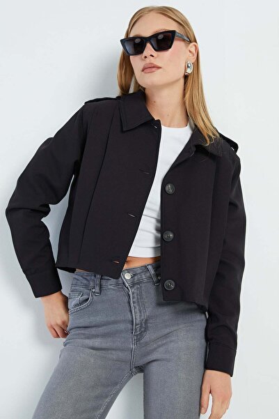 Fulla Moda Pleated Double-Breasted Collar Cropped Trench Coat