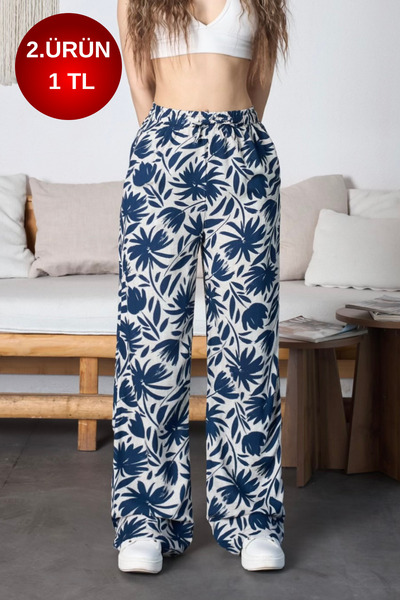 BİKELİFE Women's Floral Patterned High Waist Viscose Fabric Elastic Waist Tro...