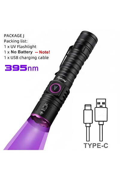 Choice 18650 black 395nm-No battery Zoom UV LED Flashlight 365 395nm Type-C C...
