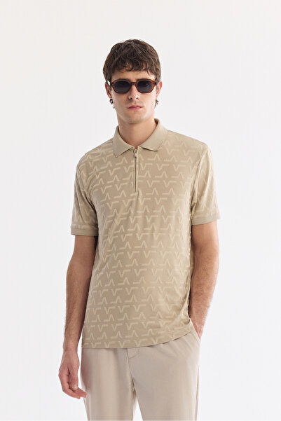 Avva Nerzfarbenes, nicht knitterndes Herren-T-Shirt mit Polokragen und Reißve...
