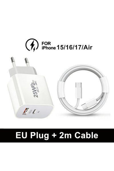 Choice EU Plug - 2m Cable 25W PD USB-C Fast EU Charger For iPhone 15 16 17 Pr...