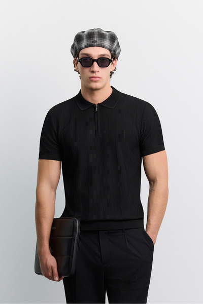 Avva Men's Black Polo Collar Zippered Easy-Ironing Anti-Wrinkle Regular Fit K...