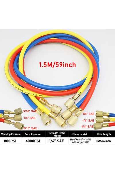 Choice1 1.5M R410a Refrigerant AC Charging Hose Set 3 Colors 1/4" SAE-5/16 SA...