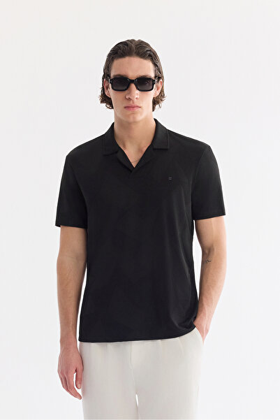 Avva Erkek Siyah Apaj Yaka Kolay Ütülenen Elastan Regular Fit T-Shirt A61Y1156