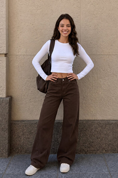 alanora High Waist Wide Leg Palazzo Stretchy Lycra Brown School Trousers
