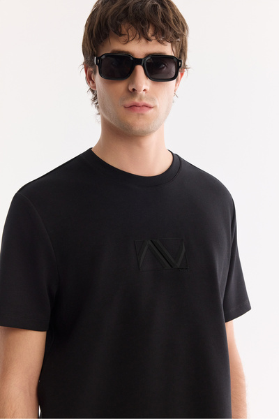 Avva Erkek Siyah Bisiklet Yaka Baskılı Bi-Stretch İnterlok Regular Fit T-shirt A61Y1054