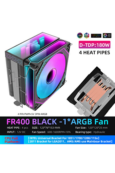 Choice7 مبرد معالج Metalfish FR400-A-Black-1FAN بتقنية ARGB، مزود بـ 4 أنابيب...