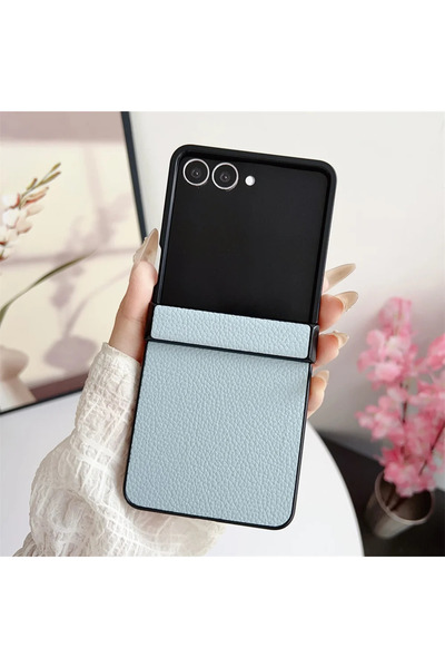 Choice Galaxy Z Flip6 Blue Luxury Leather Hard Shell Hinge Protective Cover P...