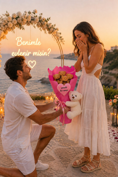 Pandamkee Sevgiliye Özel Romantik Peluş Ayıcık Buketi ve Yanında Sevimli Ayı ...