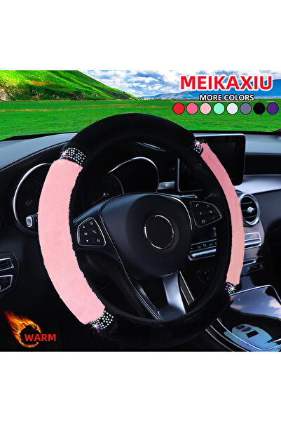 Choice7 Pink Diamond-Encrusted Winter Plush Steering Wheel Cover Shiny Blingb...