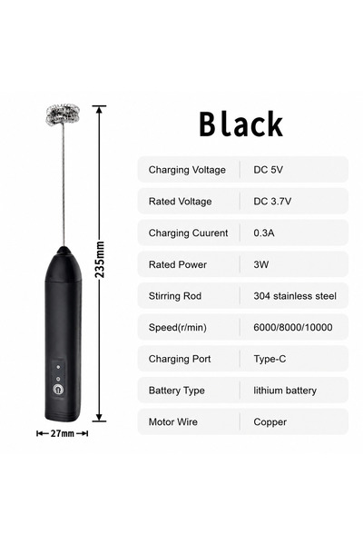 Choice black MINI Milk Frother USB Rechargeable 3 Speeds Foam Maker Coffee Wh...