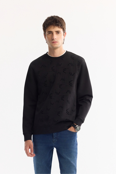 Avva Erkek Siyah Bisiklet Yaka Pamuklu Bi-Stretch Baskılı Regular Fit Sweatsh...