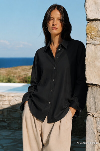 Madmext Siyah Uzun Kollu Oversize Gömlek MG2003
