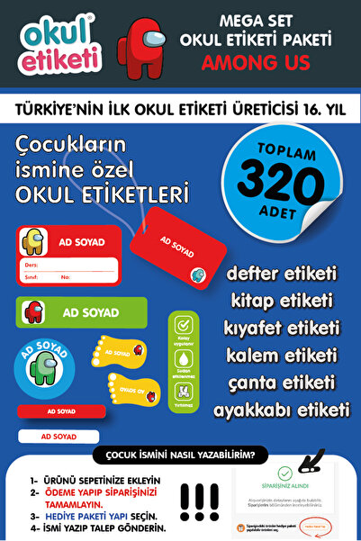 OKUL ETİKETİ BASKI OKUL ETİKETİ AMONG US TEMALI MEGA PAKET İSME ÖZEL OKUL ETİ...