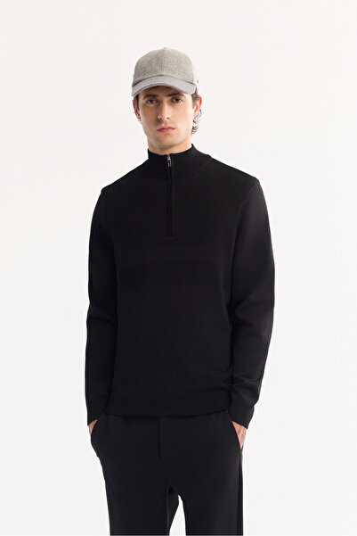 Avva Erkek Siyah Dik Yaka Fermuarlı Rayon Tüylenmeyen Triko Regular Fit Kazak...