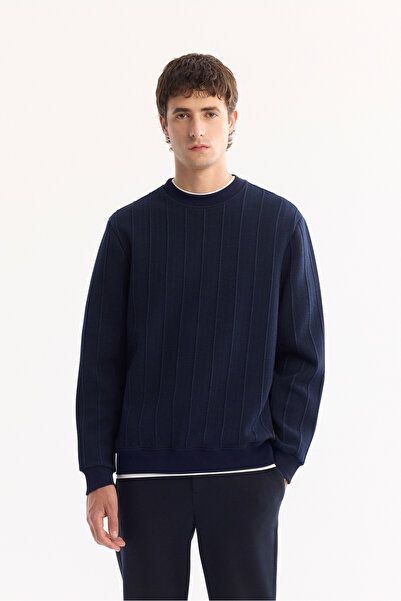 Avva Men's Navy Blue Crew Neck Striped Elastane Regular Fit Sweatshirt A52Y1218