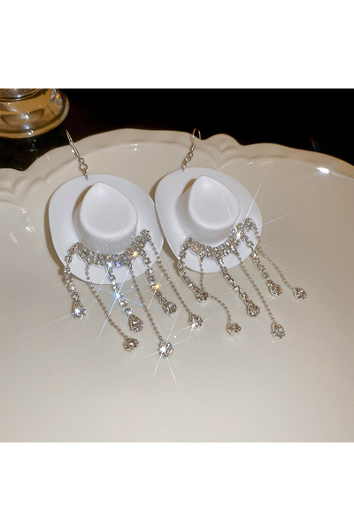 Choice White Creative Cowboy Hat Drop Dangle Earrings For Women Shiny Rhinest...