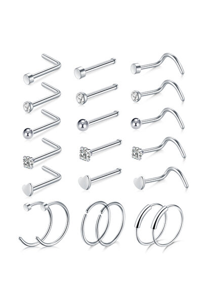 Choice17 Silver-Set E 5/6/21Pcs 20G Nose Studs Stainless Steel Nostril Studs ...