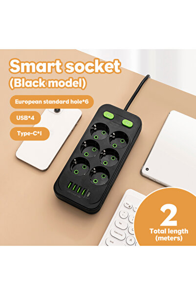 Choice1 black EU Plug AC Outlet Multitap Power Strip 2m Extension Cord Electr...