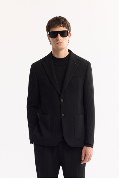 Avva Men's Black Mono Collar Double Slit Unlined Pocket Pocket Diagonal Textu...