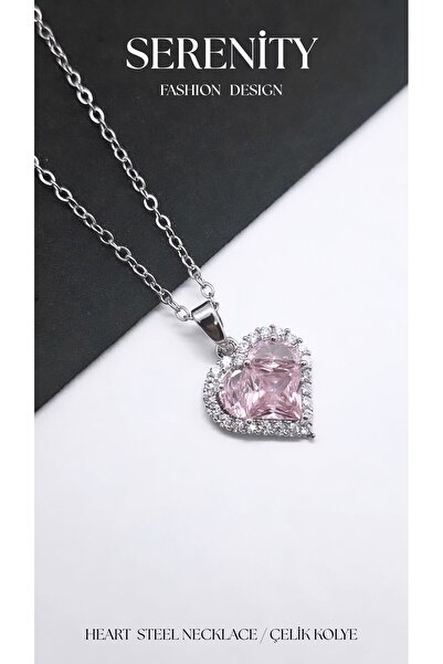 Serenity Heart Steel Necklace with Framed Zircon Stone