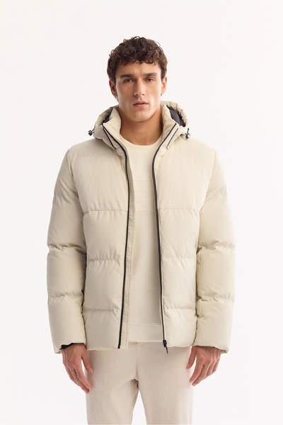 Avva Men's Ecru Hooded Velvet Detailed Windproof Comfort Fit Puffer Coat A52Y...