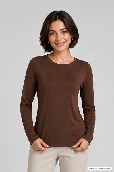 penyebizden Γυναικείο T-shirt με λαιμόκοψη Viscose Lycra μακρυμάνικο-καφέ