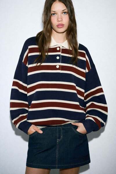 HAKKE Polo Neck Striped Oversized Knitwear Sweater