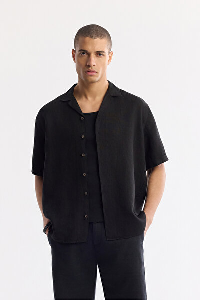 Avva Erkek Siyah Apaj Yaka %100 Keten Kısa Kollu Oversize Fit Gömlek A51Y2209