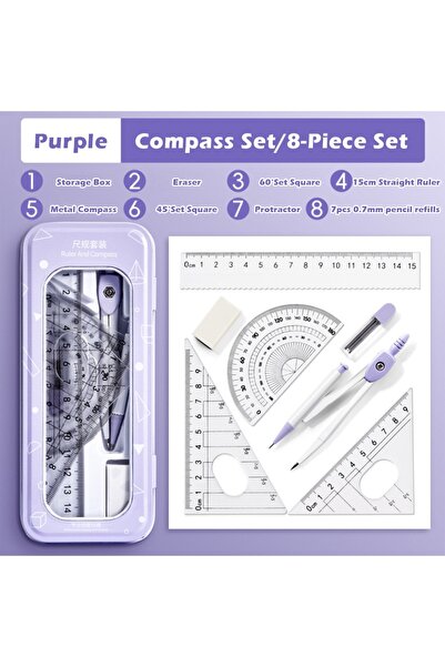 Choice1 Purple 8PCS A 8PCS/Set Plastic Ruler Compasses Set Eraser Transparent...